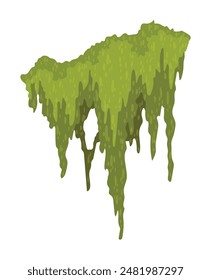 Cartoon jungle moss shape. Green swamp moss, forest hanging and creeping lichen. Rainy forest flora. Marsh plant for computer games isolated on white. Flat vector illustration