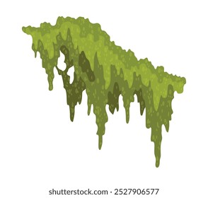 Cartoon jungle moss shape. Green swamp moss, forest hanging and creeping lichen. Rainy forest flora. Marsh plant for computer games isolated on white. Flat vector illustration