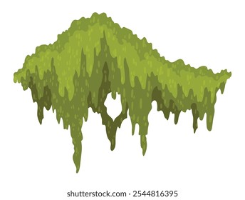 Cartoon jungle moss shape. Green swamp moss, forest hanging and creeping lichen. Rainy forest flora. Marsh plant for computer games isolated on white. Flat vector illustration