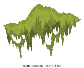 Cartoon jungle moss shape. Green swamp moss, forest hanging and creeping lichen. Rainy forest flora. Marsh plant for computer games isolated on white. Flat vector illustration