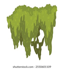 Cartoon jungle moss shape. Green swamp moss, forest hanging and creeping lichen. Rainy forest flora. Marsh plant for computer games isolated on white. Flat vector illustration