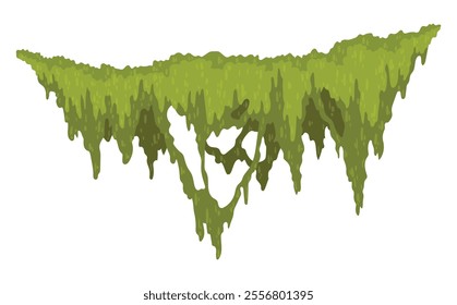 Cartoon jungle moss shape. Green swamp moss, forest hanging and creeping lichen. Rainy forest flora. Marsh plant for computer games isolated on white. Flat vector illustration