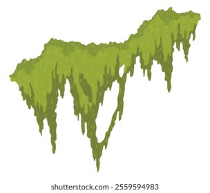 Cartoon jungle moss shape. Green swamp moss, forest hanging and creeping lichen. Rainy forest flora. Marsh plant for computer games isolated on white. Flat vector illustration