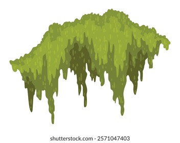 Cartoon jungle moss shape. Green swamp moss, forest hanging and creeping lichen. Rainy forest flora. Marsh plant for computer games isolated on white. Flat vector illustration