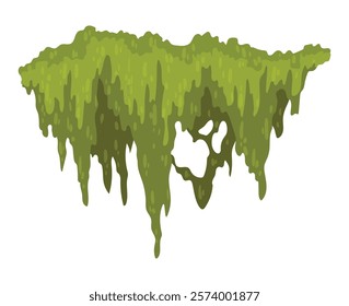 Cartoon jungle moss shape. Green swamp moss, forest hanging and creeping lichen. Rainy forest flora. Marsh plant for computer games isolated on white. Flat vector illustration