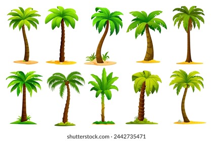 Conjunto de palmeras de la selva de dibujos animados, plantas tropicales de coco y plátano. Palmeras vectoriales aisladas con troncos altos y delgados, balanceándose en las frondas verdes brisas. Vegetación exótica paradisíaca, elementos de juego