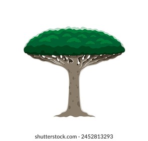 Cartoon Dschungel Regenwald Baum. Isolierte Vektorgrafik üppige tropische Waldpflanze, überragend und lebendig, ihre Zweige wimmeln von lebendigen grünen Blättern. Exotischer unberührter Naturbaum, Landschaft Gui Element