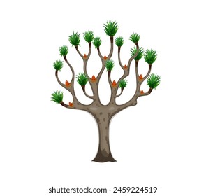 Cartoon jungle rainforest tree. Isolated vector exotic plant with vibrant green foliage, textured branchy trunk and strange outgrowths. Prehistoric ancient lush landscape vegetation, biodiversity