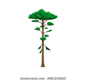 Cartoon jungle rainforest tree vivid tropical vegetation, isolated vector tall plant with lush canopy brimming with vibrant green leaves, embodying serene wilderness. Prehistoric, exotic landscape