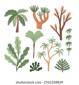 Cartoon jungle rainforest trees, fern and tropical palm leaves. Vector illustration. Jurassic period,  exotic plants isolated on white background. 