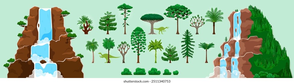 Árboles y palmeras de la selva tropical de dibujos animados, cascadas de cascada, dinosaurios jurásicos era un activo de juego ambiental. Kit de UI de Vector Video de juego móvil, Elementos y dinosaurios de paisaje de naturaleza prehistórica