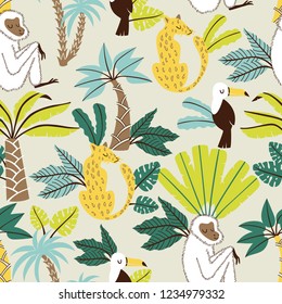 Cartoon Jungle Seamless Pattern with Abstract Leaves and Animals.  Vector Pattern.