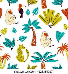 Cartoon Jungle Seamless Pattern with Abstract Leaves and Animals