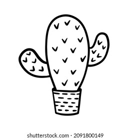 Cartoon jungle succulent vector doodle cactus scribble illustration in black white engraved childish style isolated on white background. Opuntia flower blossom.