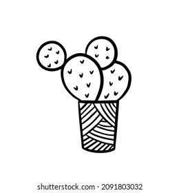 Cartoon jungle succulent vector doodle cactus scribble illustration in black white engraved childish style isolated on white background. Opuntia flower blossom.