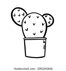 Cartoon jungle succulent vector doodle cactus scribble illustration in black white engraved childish style isolated on white background. Opuntia flower blossom.