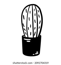 Cartoon jungle succulent vector doodle cactus scribble illustration in black white engraved childish style isolated on white background. Opuntia flower blossom.