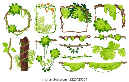 Cartoon jungle tropical liana branch frames and vines, forest plants thicket. Rainforest climbing hang roots, leaves, green tree foliage spinney. Amazon or african floral borders. Vector illustration