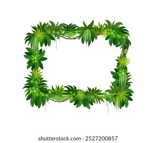 Cartoon jungle tropical liana frame, vector border with branch vines. Empty background with rainforest leaves, green tree plants foliage. Photo frame or gui game menu template with tropics nature