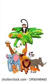 Cartoon Jungle wildlife illustration. jaguar.giraffe. elephant. rhino under palm isolated on white, vector
