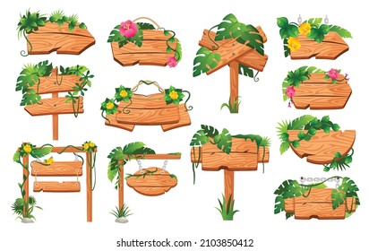 Cartoon jungle wood boards with tropical leaves, flowers and lianas. Hanging wooden board, empty signpost, overgrown signs vector set. Right, left arrows with road direction, warning cross