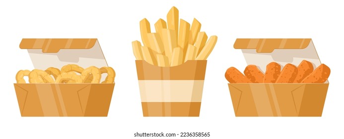 Cartoon schrott Fastfood. Pommes frites, knusprige Nuggets und gebratene Zwiebelringe, gastronomisches Futter-Flavektor-Vektorgrafik-Set. Leckere Junk-Snacks