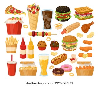 Cartoon junk fast food, pizza, shawarma, hamburger and french fries. Takeaway restaurant food, fried chicken, hot dog and waffles flat vector illustration collection. Junk snacks and drinks set