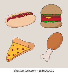 Cartoon of junk food: burgerm pizza, fried chicken, hot dog