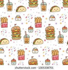 Cartoon junk food kawaii seamless pattern 