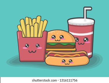 cartoon junk food on green background isolate with cute fast food and vector design