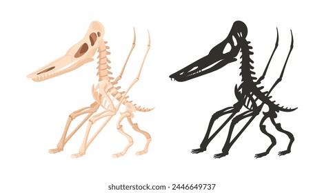 Cartoon jurassic reptile silhouette. Ancient dino skeleton, dinosaur fossil bones. Flat vector illustration on white background