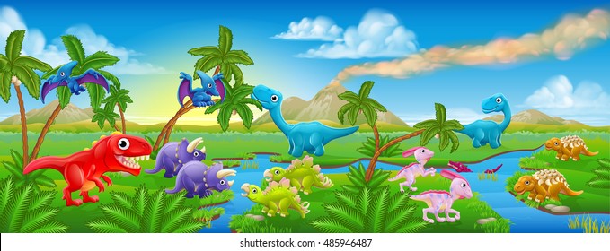 A cartoon Jurassic scene landscape with lots of cute friendly dinosaurs characters