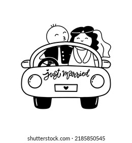 Cartoon just married couple car for lifestyle design. Isolated vector illustration. Cartoon vector illustration. 