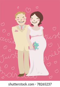 Cartoon just married couple with pregnant woman. Decorated background.