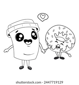 Cartoon kaffee_with donut outlined for coloring book isolated on a white background. Coloring page outline of cartoon smiling cute kaffee and donut. Black lines, sketch on a white background.