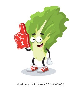 cartoon kale leaf character mascot with the number 1 one sports fan hand glove on a white background