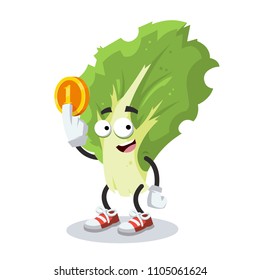 cartoon kale leaf mascot keeps the coin on white background