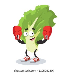cartoon kale leaf mascot in red boxing gloves on white background