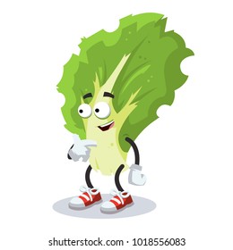 cartoon kale leaf mascot showing himself on a white background