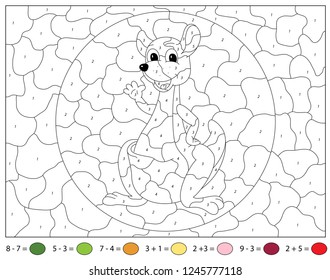 Cartoon kangaroo. Addition and subtraction tasks. Color by number educational game for kids