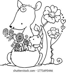 cartoon kangaroo with baby and flowers