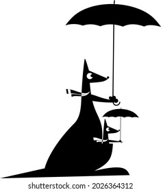 Cartoon kangaroo with a baby in the marsupium illustration. 
Funny kangaroo and its baby with umbrellas black on white
