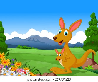 Cartoon kangaroo carrying a cute Joey with landscape background