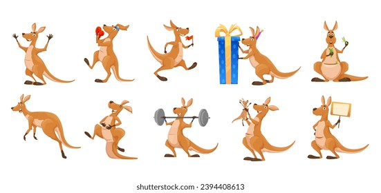 Cartoon kangaroo character, cute animal joey or Australian wallaby, vector happy mother with baby in pouch. Funny comic cartoon kangaroo with birthday gift, jumping with love heart or on sport gym