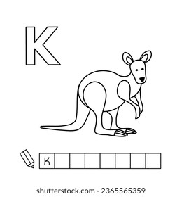Cartoon kangaroo coloring pages. Learning game for small children - write a word in English language. Vector alphabet for kids