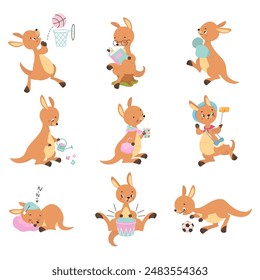 Cartoon kangaroo. Cute kangaroo activities, reading play ball boxing and gardening. Wild australian animal sleeping and drink coffee, nowaday vector characters