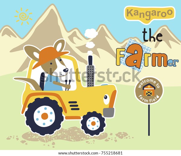 cartoon of kangaroo driving tractor on\
mountain background