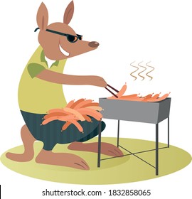 Cartoon kangaroo fries sausages on the grill illustration. Funny kangaroo in sunglasses with a lot of sausages in the marsupium fries them on the grill on the lawn
