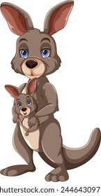 Cartoon kangaroo with a joey in her pouch