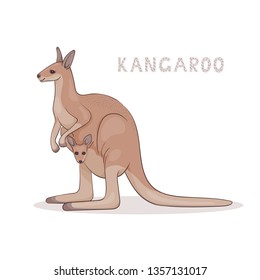 A cartoon kangaroo with a joey, isolated on a white background. Animal alphabet.